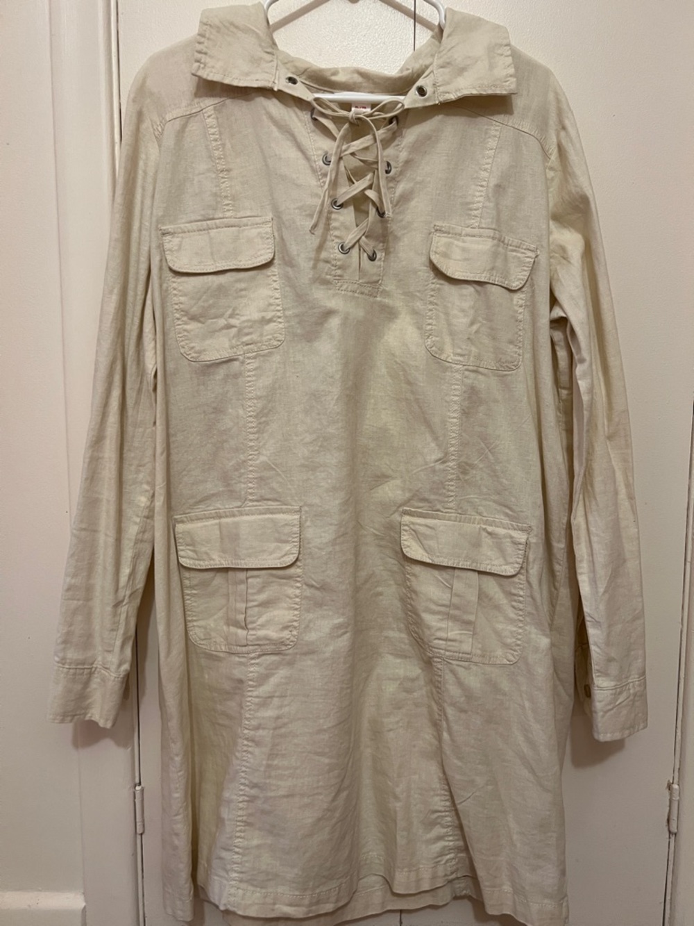 Linen Lace-Up Utility Tunic Dress in Cream